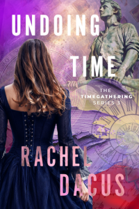 Undoing Time by Rachel Dacus featuring a woman seen from the back, and a statue in the upper right representing time travel