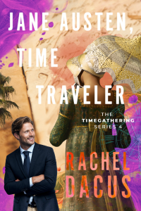 Jane Austen, Time Traveler featuring a woman with an umbrella who is Jane Austen. A man in the lower left corner.